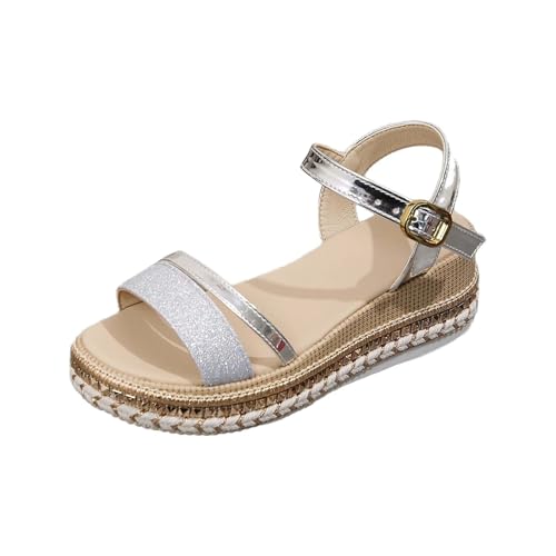 YGNAOTAN Damen Plattform Pantoletten Espadrilles Casual Keilsandalen Frauen mit offener Zehenpartie Plateau Sandals Für Breite Füße Bequem Atmungsaktiv Strandsandalen (Silver, 37) von YGNAOTAN