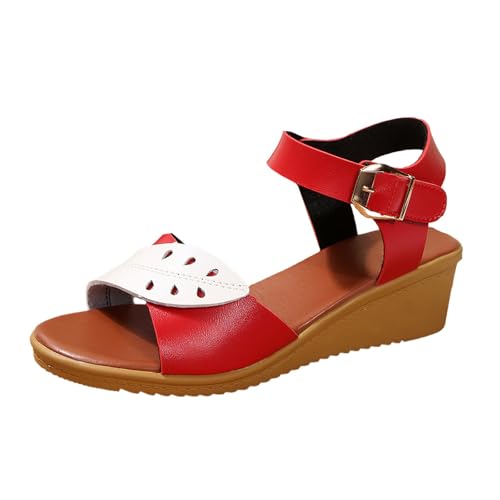 YGNAOTAN Damen Sandalen Elegant Sommerschuhe mit Absatz Keilsandalen Sandaletten mit offener Zehenpartie Plateau Sandals Pumps Riemchen Leichte Wedges Bequem Atmungsaktiv Strandsandalen (Red, 36) von YGNAOTAN