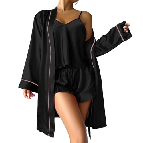YGNAOTAN Damen Satin Schlafanzug 3 Teiliges Pyjama Set Nachthemd Morgenmantel Cami Top und Kurze Hose Nachtwäsche Elegant Negligee Loungewear Bademantel (Black, M) von YGNAOTAN