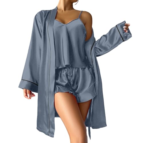 YGNAOTAN Damen Satin Schlafanzug 3 Teiliges Pyjama Set Nachthemd Morgenmantel Cami Top und Kurze Hose Nachtwäsche Elegant Negligee Loungewear Bademantel (Grey, S) von YGNAOTAN