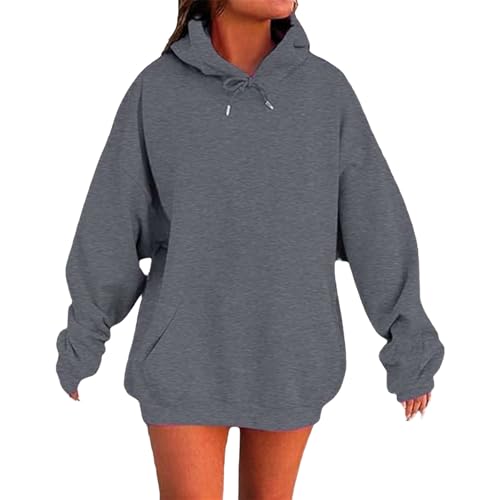 YGNAOTAN Hoodie Damen Oversize Sweatshirt mit Kapuze Einfarbig Pullover Sport Freizeit Langarm Kapuzenpullover Elegant Hooded Basic Frau Oberteile Lang Pulli Streetwear (01-1-Grey, XL) von YGNAOTAN