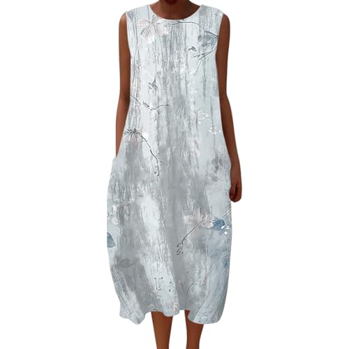 YGNAOTAN Leinenkleider Damen Sommer Musselin Kleid Leicht und Luftig Ärmellos Strandkleid Vintage Blumendruck Knielang Freizeitkleid Falten Rundhals Casual Midikleid mit Taschen (01-1-Light Blue, L) von YGNAOTAN