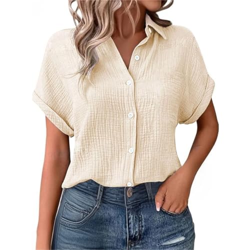 YGNAOTAN Musselin Bluse Damen Sommer Oversized Leinenbluse Shirts Button-Down V Ausschnitt Leinenhemd Elegant Leinen Kleidung Musselin Hemd Tuniken Solide Top (Beige, S) von YGNAOTAN