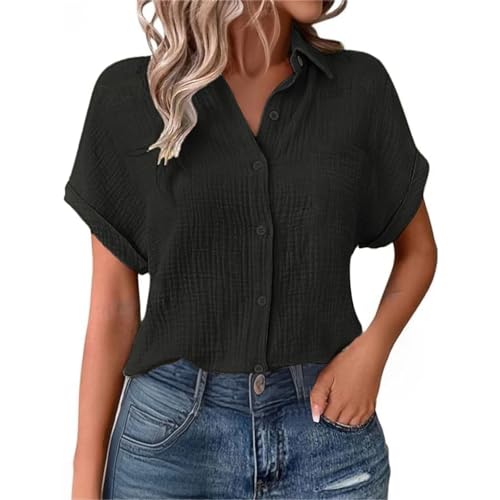 YGNAOTAN Musselin Bluse Damen Sommer Oversized Leinenbluse Shirts Button-Down V Ausschnitt Leinenhemd Elegant Leinen Kleidung Musselin Hemd Tuniken Solide Top (Black, XL) von YGNAOTAN