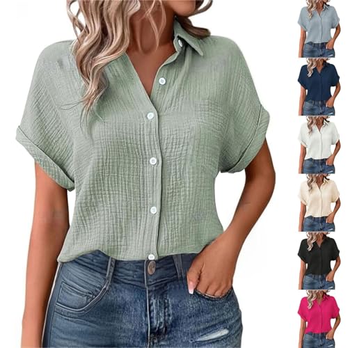 YGNAOTAN Musselin Bluse Damen Sommer Oversized Leinenbluse Shirts Button-Down V Ausschnitt Leinenhemd Elegant Leinen Kleidung Musselin Hemd Tuniken Solide Top (Green, XXL) von YGNAOTAN