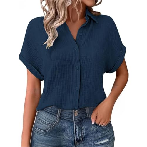 YGNAOTAN Musselin Bluse Damen Sommer Oversized Leinenbluse Shirts Button-Down V Ausschnitt Leinenhemd Elegant Leinen Kleidung Musselin Hemd Tuniken Solide Top (Navy, XL) von YGNAOTAN