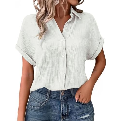 YGNAOTAN Musselin Bluse Damen Sommer Oversized Leinenbluse Shirts Button-Down V Ausschnitt Leinenhemd Elegant Leinen Kleidung Musselin Hemd Tuniken Solide Top (White, XXL) von YGNAOTAN
