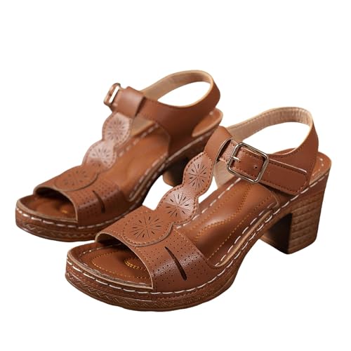 YGNAOTAN Pantoletten Damen mit Absatz Sandalen Elegant Schlappen Pumps Sommerschuhe mit Blockabsatz Sandalette Hausschuhe Strandsandalen Riemchensandalen High Heels Hausschuhe (Brown, 36) von YGNAOTAN