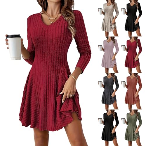 YGNAOTAN Pulloverkleid Damen Langarm V-Ausschnitt Strickkleid Elegante Hohe Taille A-Linie Herbstkleid Knielang Casual Gestrickt Kleid Winter Sweatkleid Freizeitkleid (Brick Red, M) von YGNAOTAN