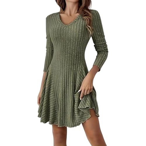 YGNAOTAN Pulloverkleid Damen Langarm V-Ausschnitt Strickkleid Elegante Hohe Taille A-Linie Herbstkleid Knielang Casual Gestrickt Kleid Winter Sweatkleid Freizeitkleid (Green, XL) von YGNAOTAN