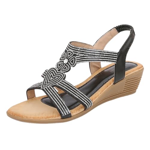 YGNAOTAN Sandalen Damen Freizeit Flach Sandalette mit Strass Perlen Bohemia Strand Schuhe Casual Ankle Elastic Flip Flops Keilsandalen (Black, 41) von YGNAOTAN
