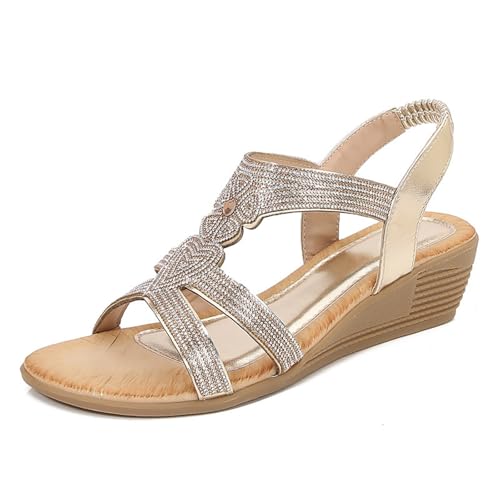 YGNAOTAN Sandalen Damen Freizeit Flach Sandalette mit Strass Perlen Bohemia Strand Schuhe Casual Ankle Elastic Flip Flops Keilsandalen (Gold, 40) von YGNAOTAN