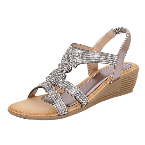 YGNAOTAN Sandalen Damen Freizeit Flach Sandalette mit Strass Perlen Bohemia Strand Schuhe Casual Ankle Elastic Flip Flops Keilsandalen (Grey, 36) von YGNAOTAN