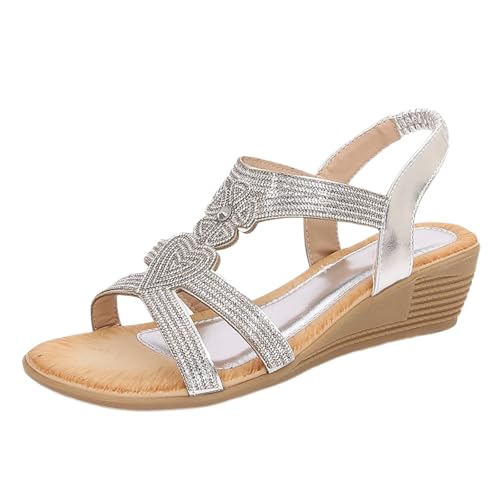 YGNAOTAN Sandalen Damen Freizeit Flach Sandalette mit Strass Perlen Bohemia Strand Schuhe Casual Ankle Elastic Flip Flops Keilsandalen (Silver, 41) von YGNAOTAN
