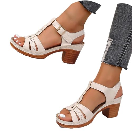 YGNAOTAN Sandalen Damen Mit Absatz Elegant Frauen Sandals mit Blockabsatz Damenschuhe Orthopädische Sandalen Freizeit Open Toe High Heels Hausschuhe (White, 42) von YGNAOTAN