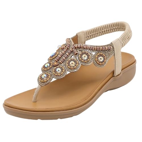 YGNAOTAN Sandalen Damen Sommer Flache Zehentrenner Freizeit Bohemia Flip Flops Elegant Bequeme Strandschuhe Bohemia Strand Schuhe Freizeit Slingback Strandsandalen (Beige, 36) von YGNAOTAN