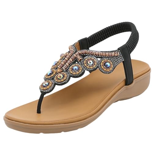 YGNAOTAN Sandalen Damen Sommer Flache Zehentrenner Freizeit Bohemia Flip Flops Elegant Bequeme Strandschuhe Bohemia Strand Schuhe Freizeit Slingback Strandsandalen (Black, 42) von YGNAOTAN