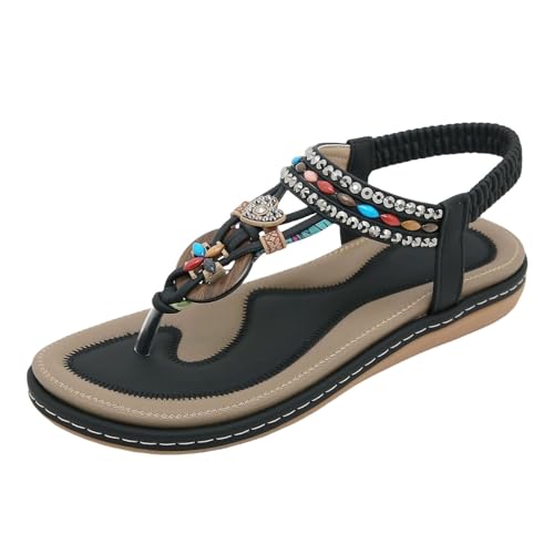 YGNAOTAN Sandalen Damen Sommer Flache Zehentrenner Sandaletten Bohemia Flip Flops mit Glitter Sommer Strand Schuhe Freizeit Flach Sandalette Pantoletten (Black, 41) von YGNAOTAN