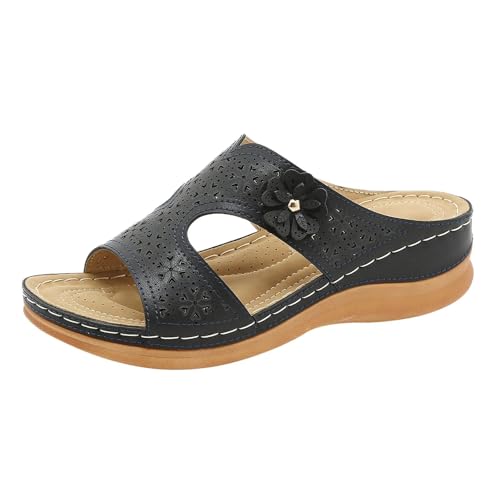 YGNAOTAN Sandalen Damen Sommer Orthopädische Slide Flip Flops Plateau Weiche Fussbett Sommerschuhe Casual Elegant Hausschuhe Wanderschuhe für Sport Strand (Black, 36) von YGNAOTAN