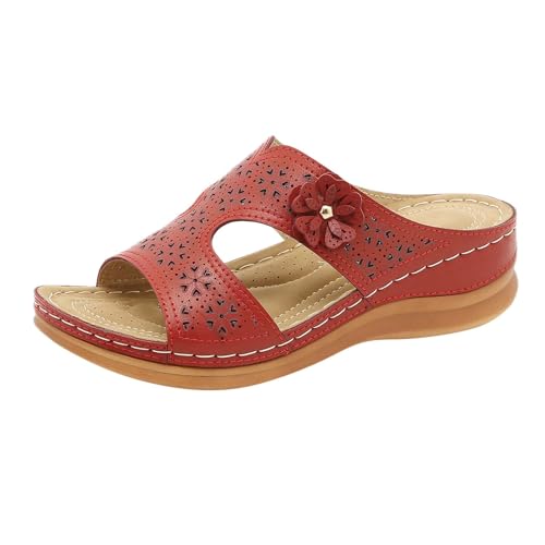 YGNAOTAN Sandalen Damen Sommer Orthopädische Slide Flip Flops Plateau Weiche Fussbett Sommerschuhe Casual Elegant Hausschuhe Wanderschuhe für Sport Strand (Red, 40) von YGNAOTAN
