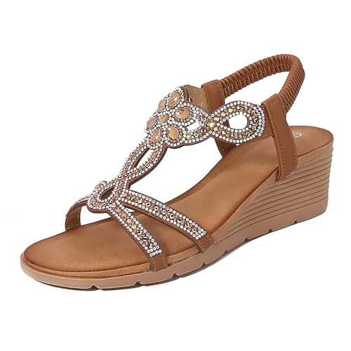 YGNAOTAN Sandalen Damen mit Absatz Sommer Bequem Elegant Sandalen mit Strass Perlen Bohemia Strand Schuhe Freizeit Flach Sandalette (Bronze, 35) von YGNAOTAN