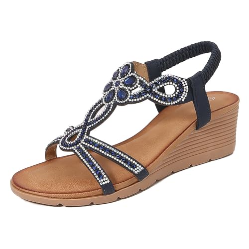 YGNAOTAN Sandalen Damen mit Absatz Sommer Bequem Elegant Sandalen mit Strass Perlen Bohemia Strand Schuhe Freizeit Flach Sandalette (Navy, 35) von YGNAOTAN