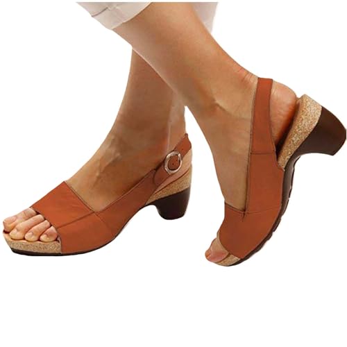 YGNAOTAN Sandaletten Damen Mit Absatz Sommerschuhe Elegant und Bequem Offene Slingback Pumps mit Blockabsatz Bequeme Casual Strandsandalen Tanzschuhe High Heels Hausschuhe (Brown, 41) von YGNAOTAN