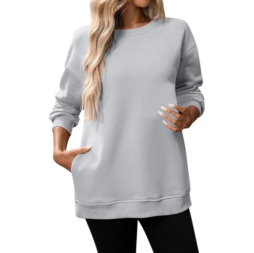 YGNAOTAN Sweatshirt Damen Oversize Pullover Casual Langarm Oberteile Tops mit Taschen Rundhals Langarmshirt Pulli Basic Einfarbige Hemd Bluse Ohne Kapuze (Light Ashy, M) von YGNAOTAN