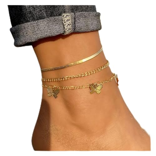 YGOABMHLKW Fußkettchen Schmetterling Fußkettchen for Frauen Gold Mehrschichtiges Kristall Knöchelarmband Fußkette Beinarmband Strandzubehör Schmuck DAICHJAGYIN (Color : Gold_141ENS0674) von YGOABMHLKW