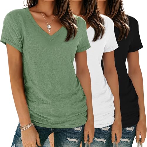 YGOODM Tshirt Damen Sommer Kurzarm V-Ausschnitt T-Shirt 3er Pack Basic Casual Oberteile Shirts Bluse von YGOODM