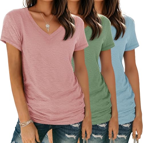 YGOODM Tshirt Damen Sommer Kurzarm V-Ausschnitt T-Shirt 3er Pack Basic Casual Oberteile Shirts Bluse von YGOODM