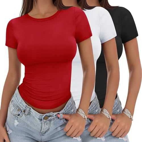 YGOODM Tshirt Damen, 3 Pack Basic Tshirt Kurzarm Tops Slim Fit Einfarbig Oberteile Female Top mit Rundhalsausschnitt von YGOODM