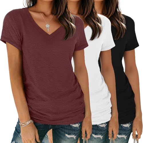 YGOODM Tshirt Damen Sommer Kurzarm V-Ausschnitt T-Shirt 3er Pack Basic Casual Oberteile Shirts Bluse von YGOODM