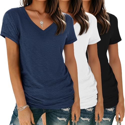 YGOODM Tshirt Damen Sommer Kurzarm V-Ausschnitt T-Shirt 3er Pack Basic Casual Oberteile Shirts Bluse von YGOODM