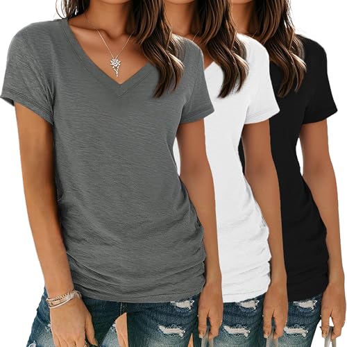YGOODM Tshirt Damen Sommer Kurzarm V-Ausschnitt T-Shirt 3er Pack Basic Casual Oberteile Shirts Bluse von YGOODM
