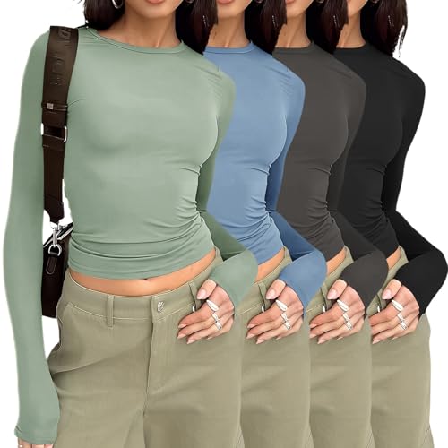 YGOODM Womens Long Sleeve Shirts 4 Pack Crew Neck Y2K Crop Tops Solid Slim Fit Tees Casual Basic Tshirts von YGOODM