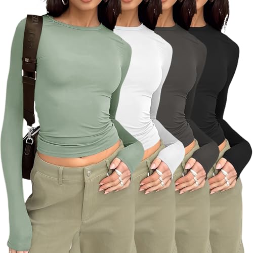 YGOODM Womens Long Sleeve Shirts 4 Pack Crew Neck Y2K Crop Tops Solid Slim Fit Tees Casual Basic Tshirts von YGOODM