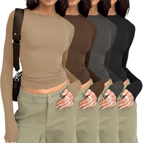 YGOODM Womens Long Sleeve Shirts 4 Pack Crew Neck Y2K Crop Tops Solid Slim Fit Tees Casual Basic Tshirts von YGOODM