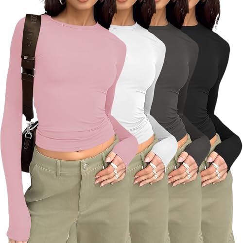 YGOODM Womens Long Sleeve Shirts 4 Pack Crew Neck Y2K Crop Tops Solid Slim Fit Tees Casual Basic Tshirts von YGOODM