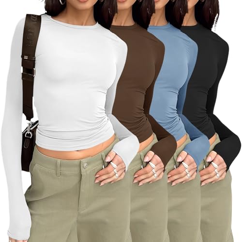 YGOODM Womens Long Sleeve Shirts 4 Pack Crew Neck Y2K Crop Tops Solid Slim Fit Tees Casual Basic Tshirts von YGOODM