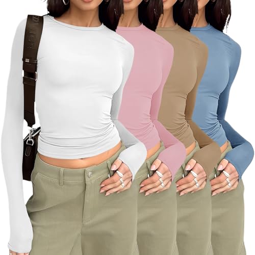 YGOODM Womens Long Sleeve Shirts 4 Pack Crew Neck Y2K Crop Tops Solid Slim Fit Tees Casual Basic Tshirts von YGOODM