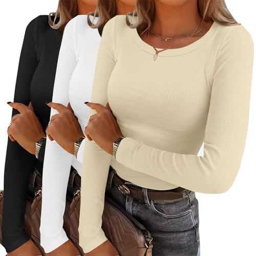 YGOODM Womens Long Sleeve Shirts Crewneck Ribbed Knit Tshirts Slim Fit Casual Fall Basic Tops (XX-Large) von YGOODM