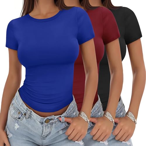 YGOODM Tshirt Damen, 3 Pack Basic Tshirt Kurzarm Tops Slim Fit Einfarbig Oberteile Female Top mit Rundhalsausschnitt von YGOODM