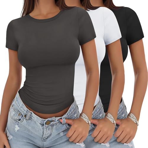 YGOODM Tshirt Damen, 3 Pack Basic Tshirt Kurzarm Tops Slim Fit Einfarbig Oberteile Female Top mit Rundhalsausschnitt von YGOODM