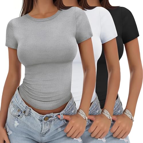 YGOODM Tshirt Damen, 3 Pack Basic Tshirt Kurzarm Tops Slim Fit Einfarbig Oberteile Female Top mit Rundhalsausschnitt von YGOODM