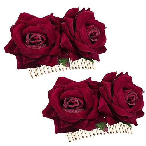 YGSAT 2 Pack Rose Blume Haarspange Rote Rose Haarnadel für Frauen Mädchen Hochzeit Haarschmuck Brautjungfer Hochzeit Frauen Haarschmuck Brautschmuck Haarkamm Flamenco-Tänzerin von YGSAT