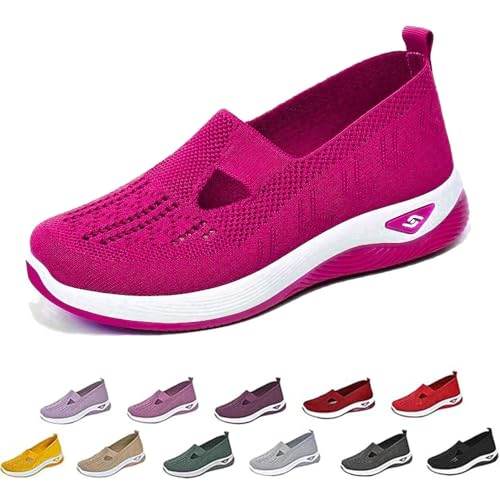 Orthopädische Atmungsaktive Damenschuhe, Gewebte Orthopädische Atmungsaktive SoftShoes Slip-On-Sneakers Mit Fußgewölbeunterstützung,Rutschfeste Sportschuhe Innen- Und Außenbereich (Rose Red,41) von YGSIKY