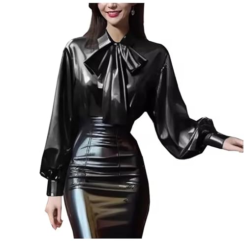 YGZHANYUANOKU Damenbluse in Übergröße, glänzendes PVC-Leder, langärmelig, mit Fliege, vorne auf der Brust, Partykleidung, personalisierbar, Schwarz , 4XL von YGZHANYUANOKU