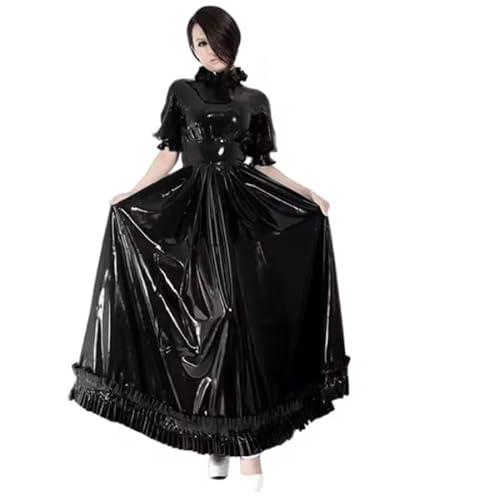 YGZHANYUANOKU PVC Plus Size A-Linie Abendkleider Rüschen High Neck Knöchellang Partykleid Wetlook Lackleder Lange Plisseekleider, Schwarz , 5XL von YGZHANYUANOKU