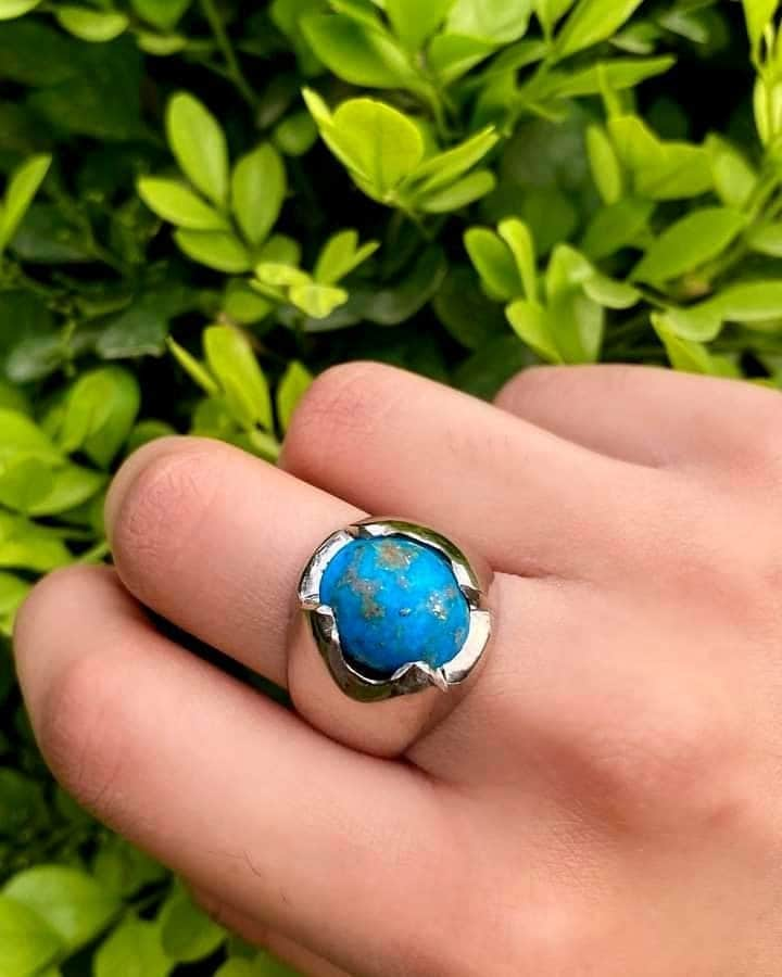 Natürlicher Exquisiter Blauer Shajri Türkis | Feroza Edelstein in Handgefertigtem 925 Sterling Silber Ring Für Männer & Frauen von YGemznJewelry